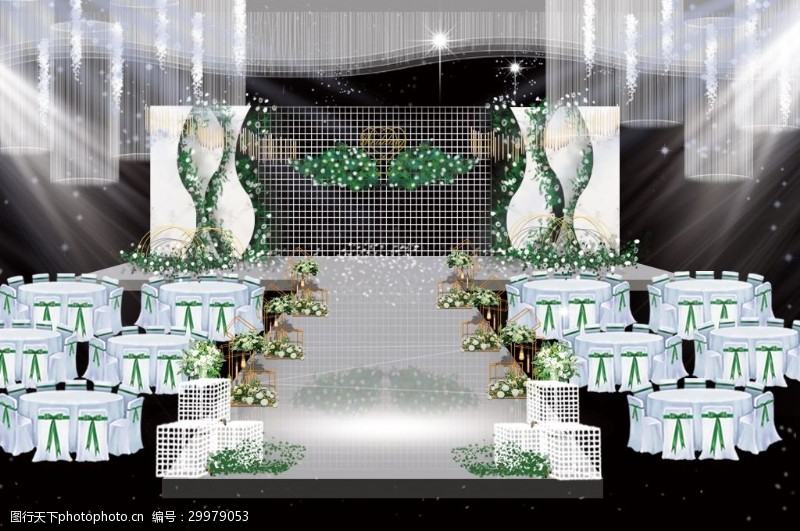 石幔大理石婚礼白绿色婚礼舞台效果图