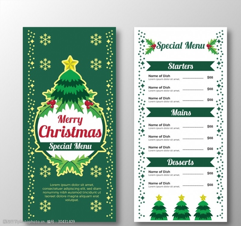 创意雪花创意圣诞树餐馆菜单